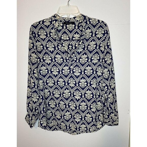 Honey Punch Damask Women's Long Sleeve Top Sz Small Blue Cream Sheer Sleeve EUC - Picture 1 of 6